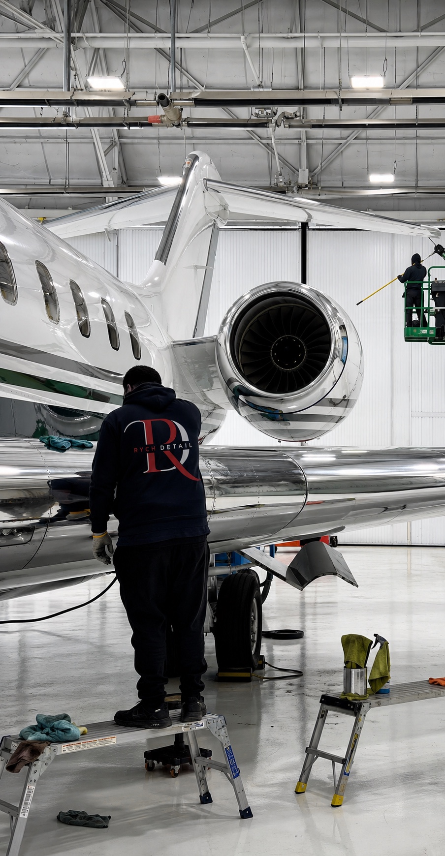 Detailer polishing the wing of a private jet in a hangar